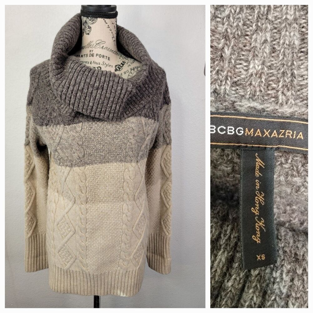BCBGMAXAZRIA Sweater Womens XS Cable Knit 100% Wool Color Neutral Colorblock